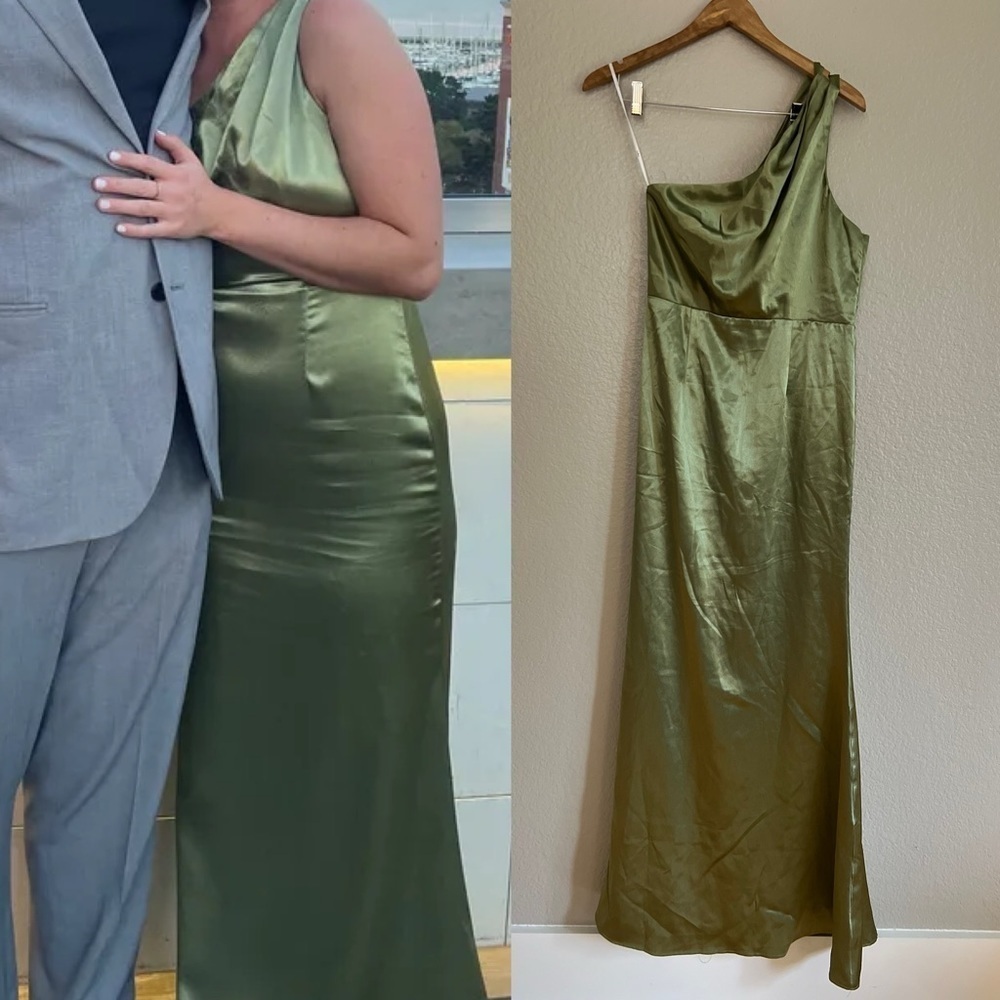 NWOT On The Guest List Sage Green Satin One-Shoulder Maxi Dress